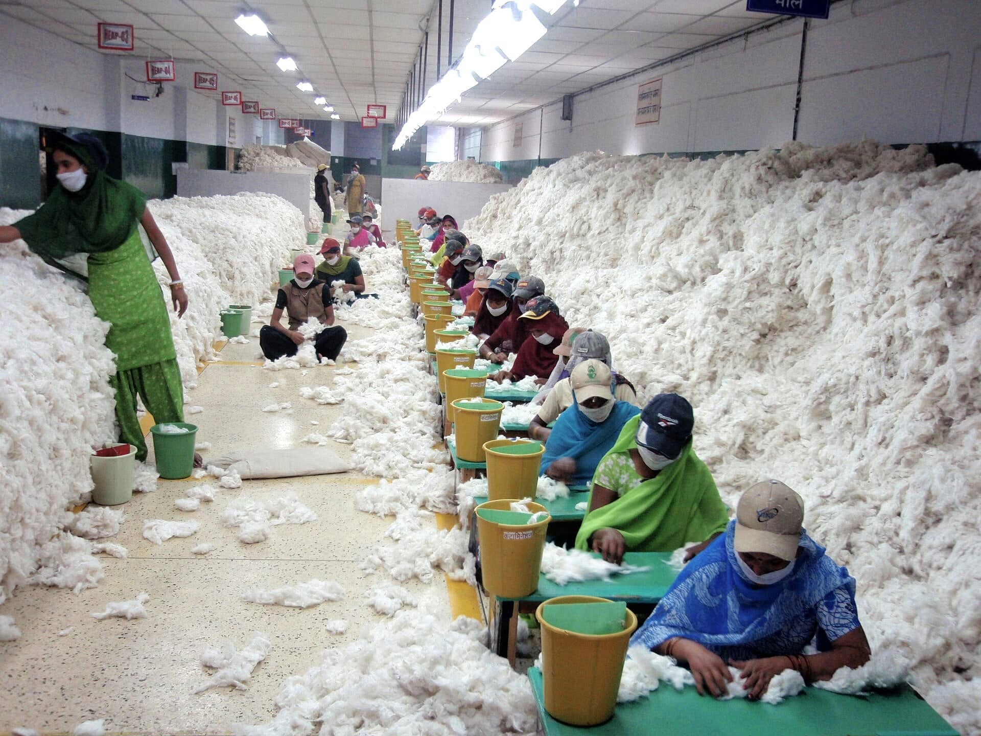 Workers sorting raw cotton inside a spinning mill